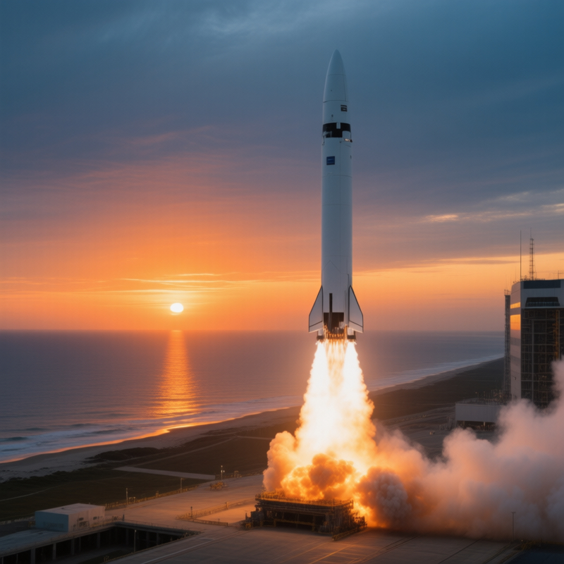 Rocket launching at sunset over ocean